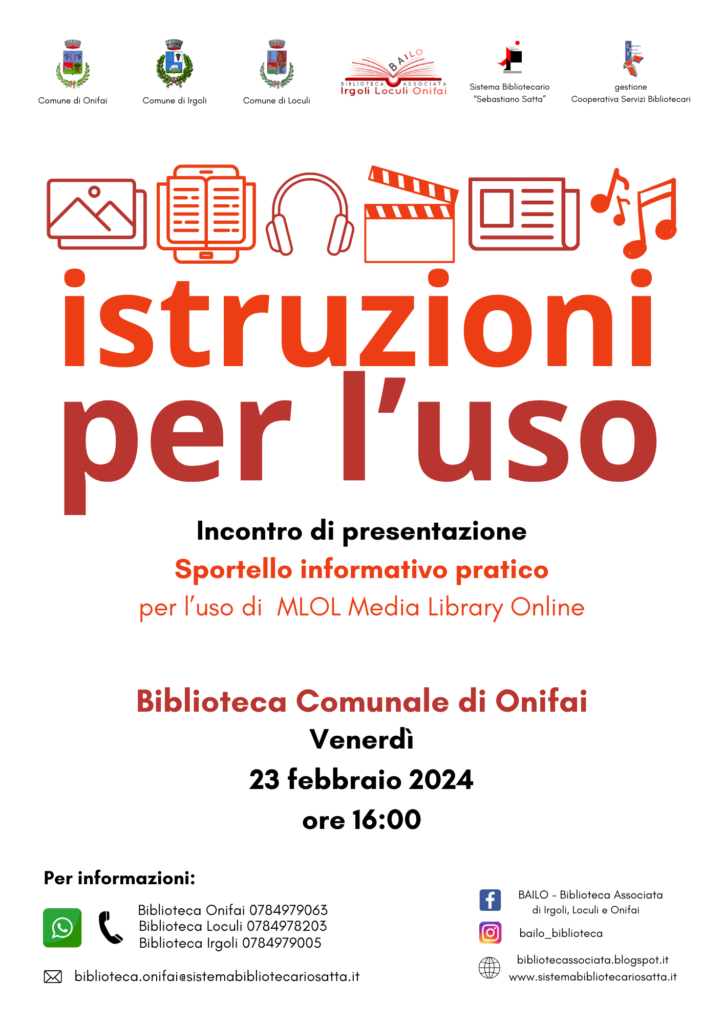 Locandina per l'avvio dello sportello informativo su MLOL-MediaLibraryOnLine della Biblioteca Associata Irgoli, Loculi, Onifai