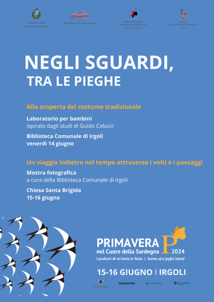 Locandina Negli sguardi tra le pieghe, attività della Biblioteca Comunale di Irgoli in occasione della manifestazione Primavera nel cuore della Sardegna, giugno 2024.