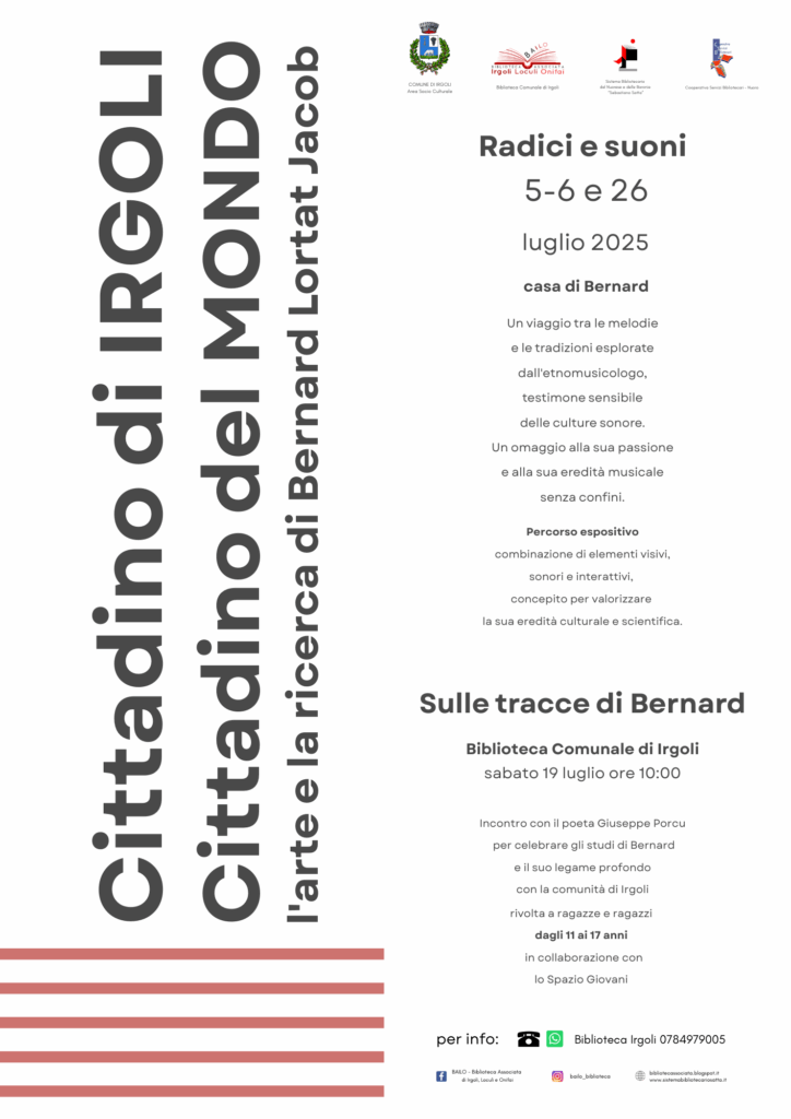 Locandina eventi commemorazione Bernard Lortat-Jacob Biblioteca Comunale di Irgoli