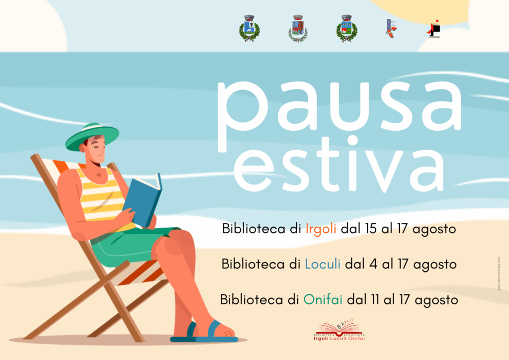 locandina calendario pausa estiva 2025 biblioteche Irgoli, Loculi, Onifai